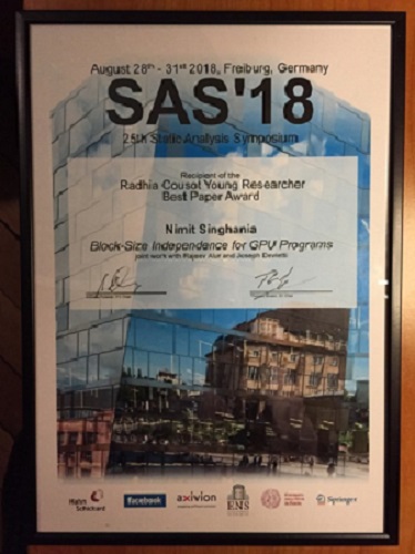 Nimit Singhania won best paper award at SAS 2018